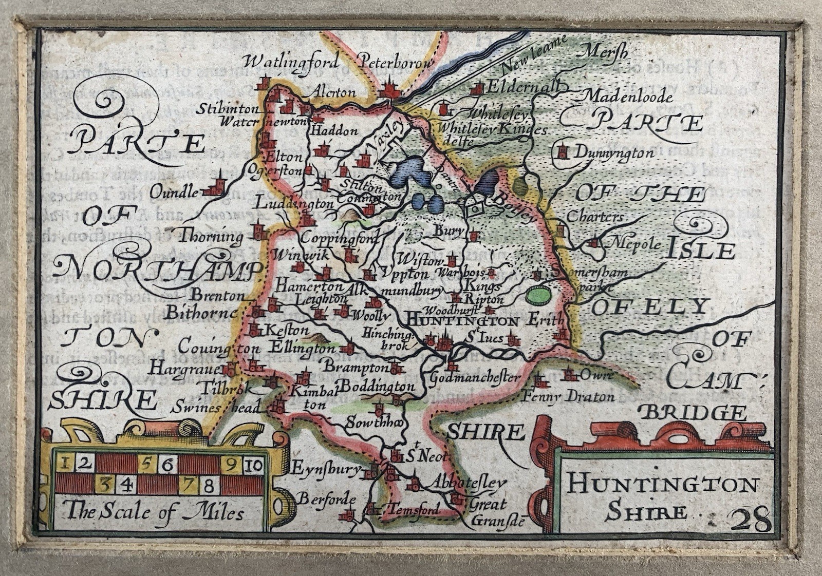 Antique 1610 – 1627 Miniature Map of Huntingdonshire John Speed / Peter Kaerius