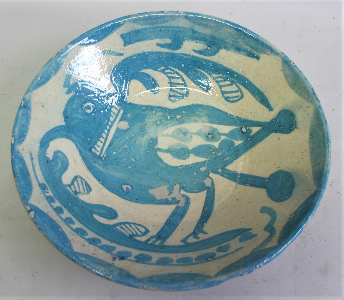 Fine Antique PERSIAN ISLAMIC Art Pottery Bowl with Blue Bird, Middle Eastern