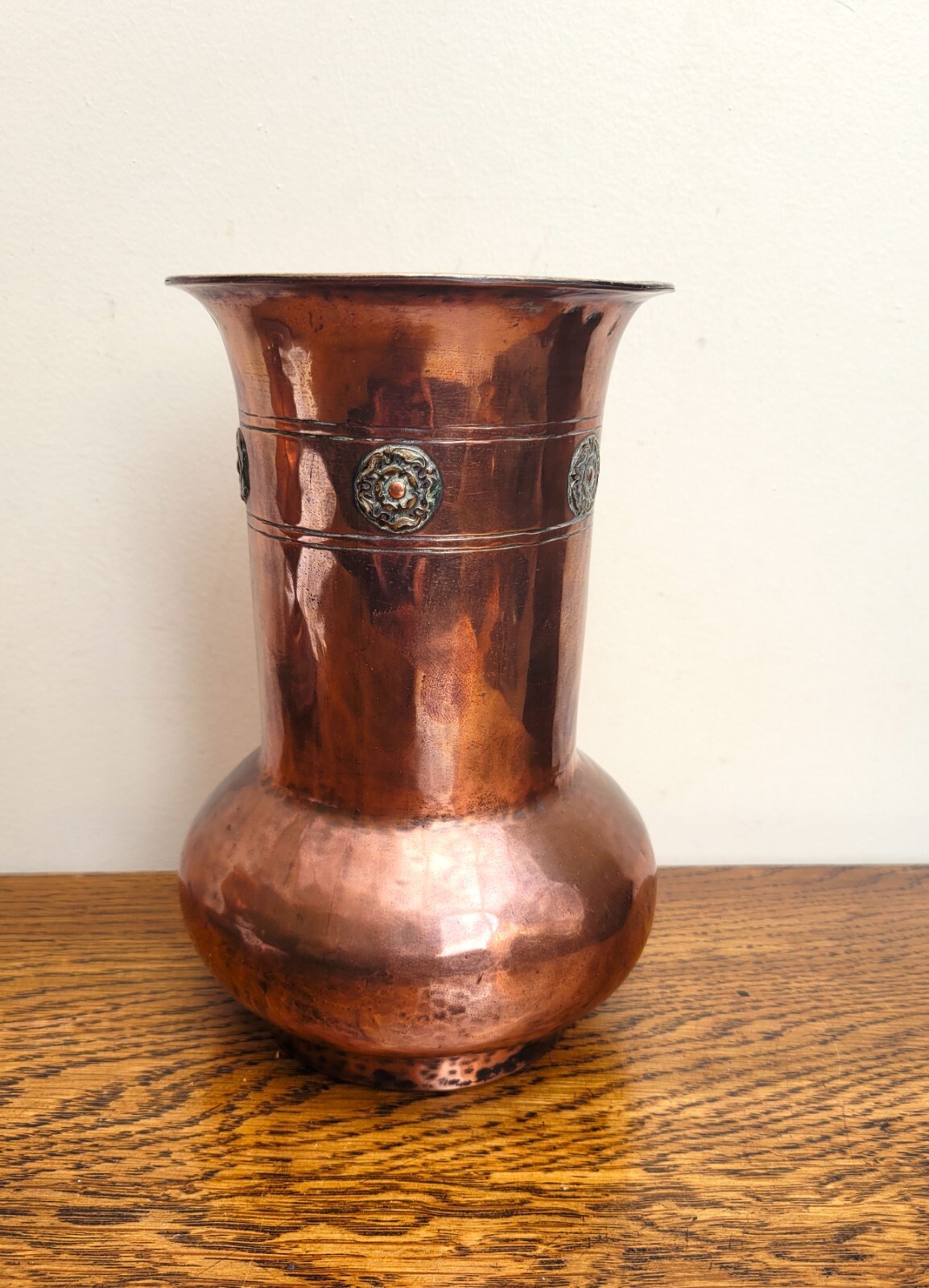 Arts & Crafts A.E Jones Copper Silver Rose Motif Vase c1905 Jesson, Birkett
