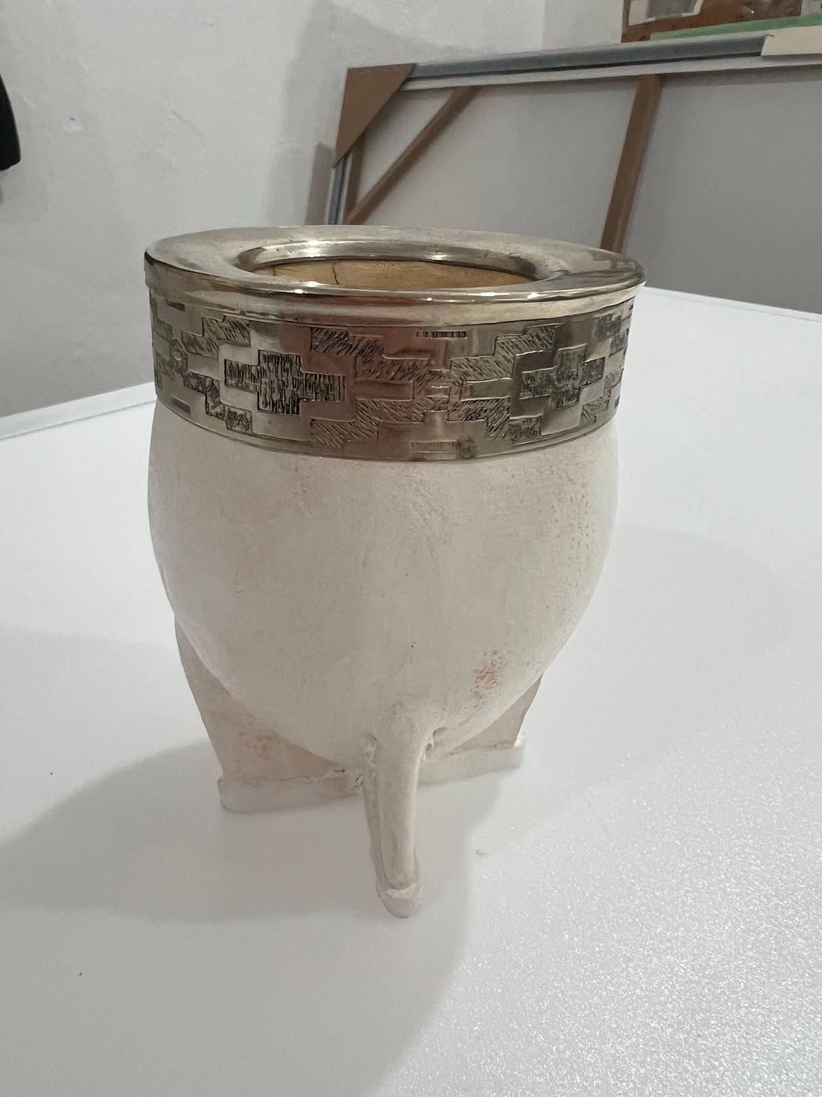 Vintage Mate Glass Leather South America Argentina Silver Alpaca Yerba Gourd