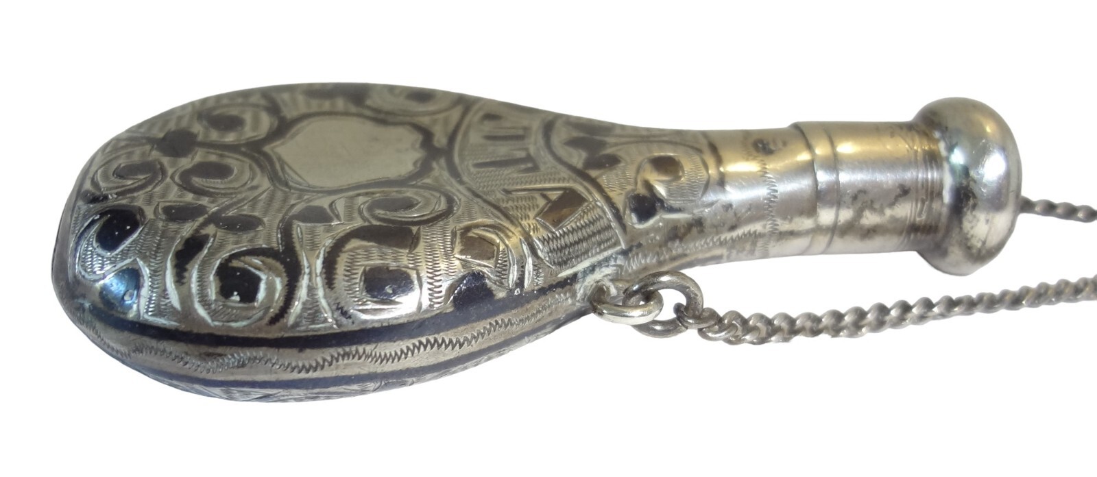 Antique Russian Sterling Silver Niello Chatelaine Perfume Scent Flask Bottle