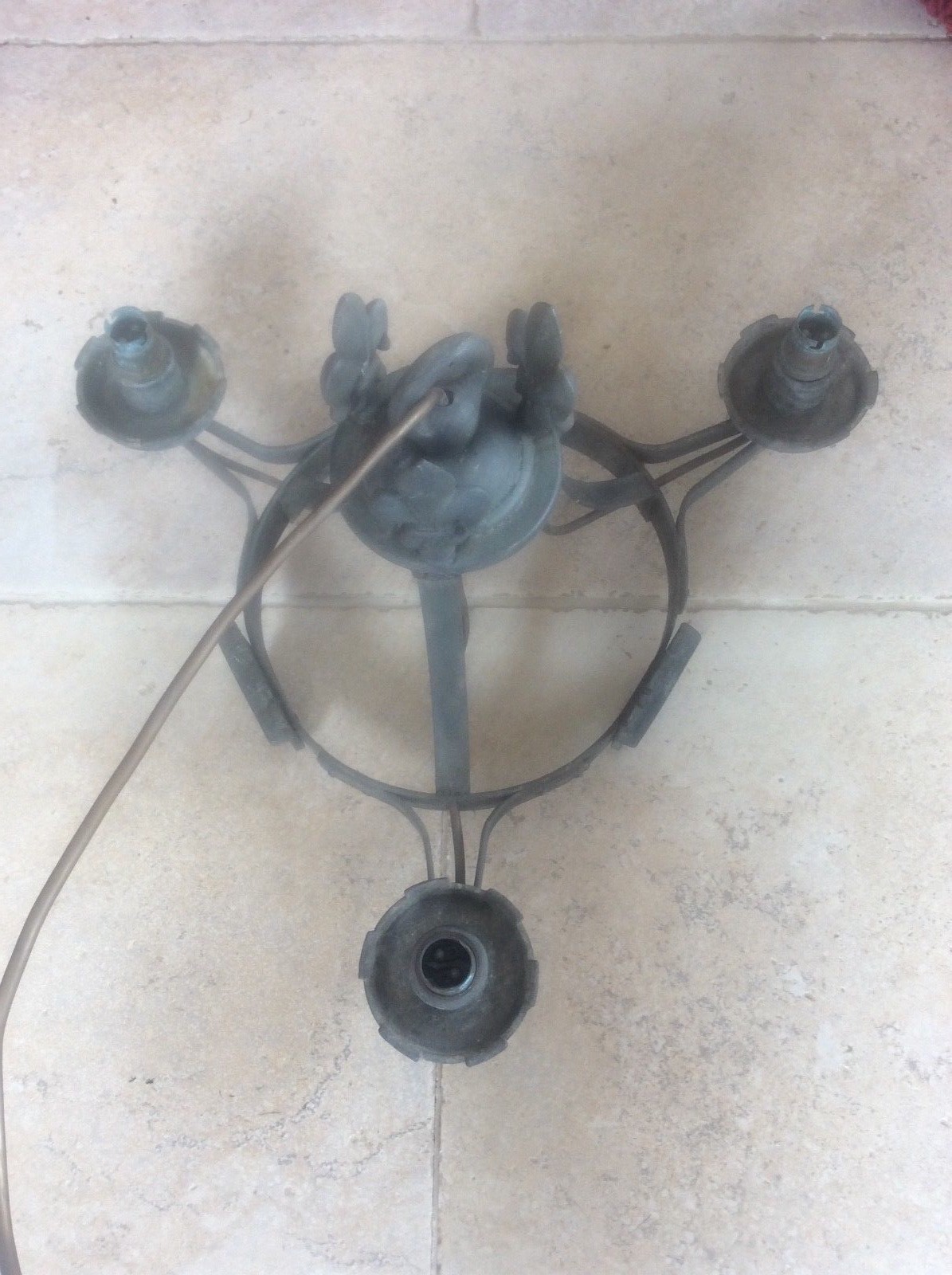 Gothic Chandelier Ceiling Light c19th Antique Pewter Arts & Crafts Fleurs De Lys
