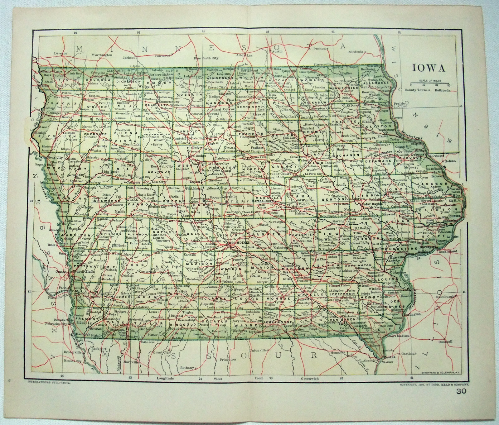 Iowa – Original 1893 Map by Dodd Mead & Company. Antique