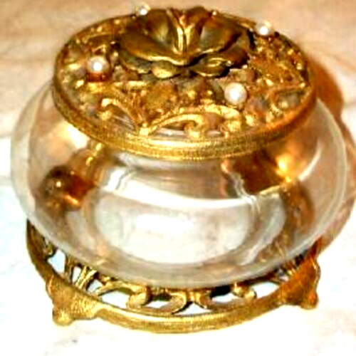 Matson Filigree Ormolu Roses Jeweled Casket Vanity Scent Jar Clear Glass RARE