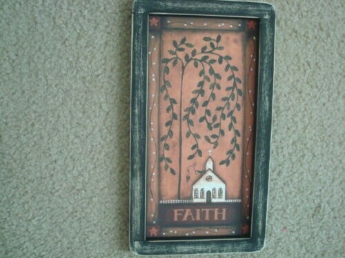 Primitive Country Print *FAITH with CHURCH* hand made black frame 6 1/2″ x 12″