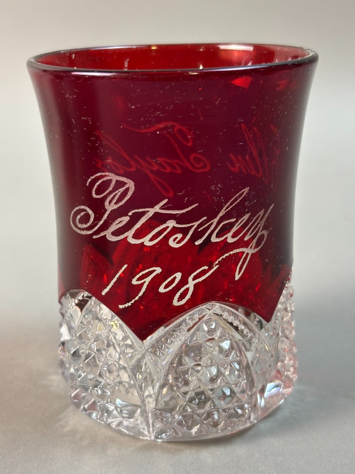 #561 Antique PETOSKEY 1908 Michigan Ruby Red Flash Souvenir CUT GLASS CUP