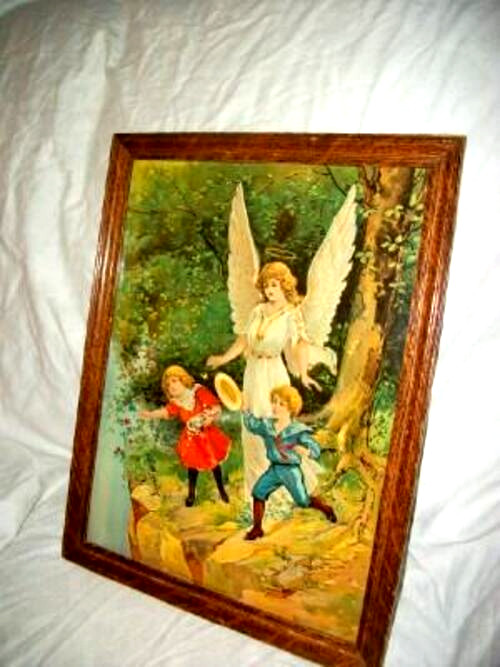 1910 VICTORIAN CHROMOLITHOGRAPH GUARDIAN ANGEL CHILDREN PRINT TIGER OAK FRAME