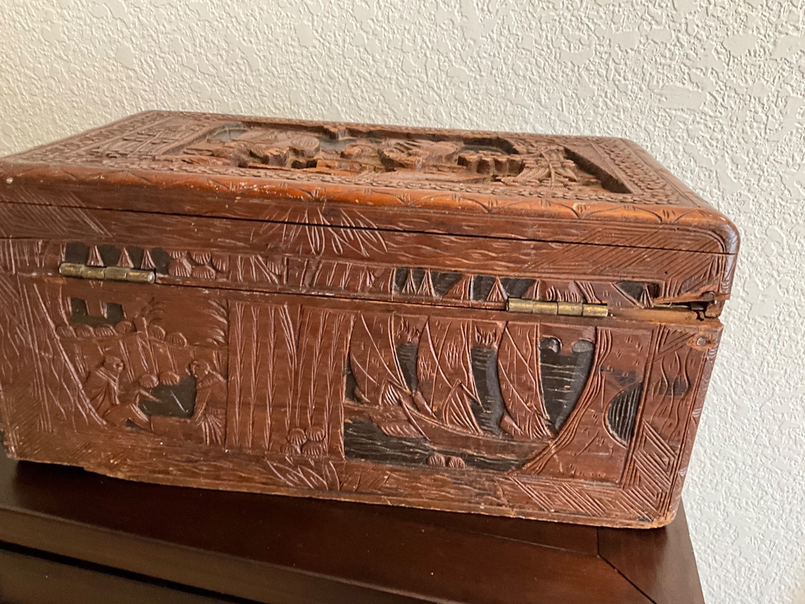 Antique Chinese intricately carved camphor wood chest 14″ x 8″