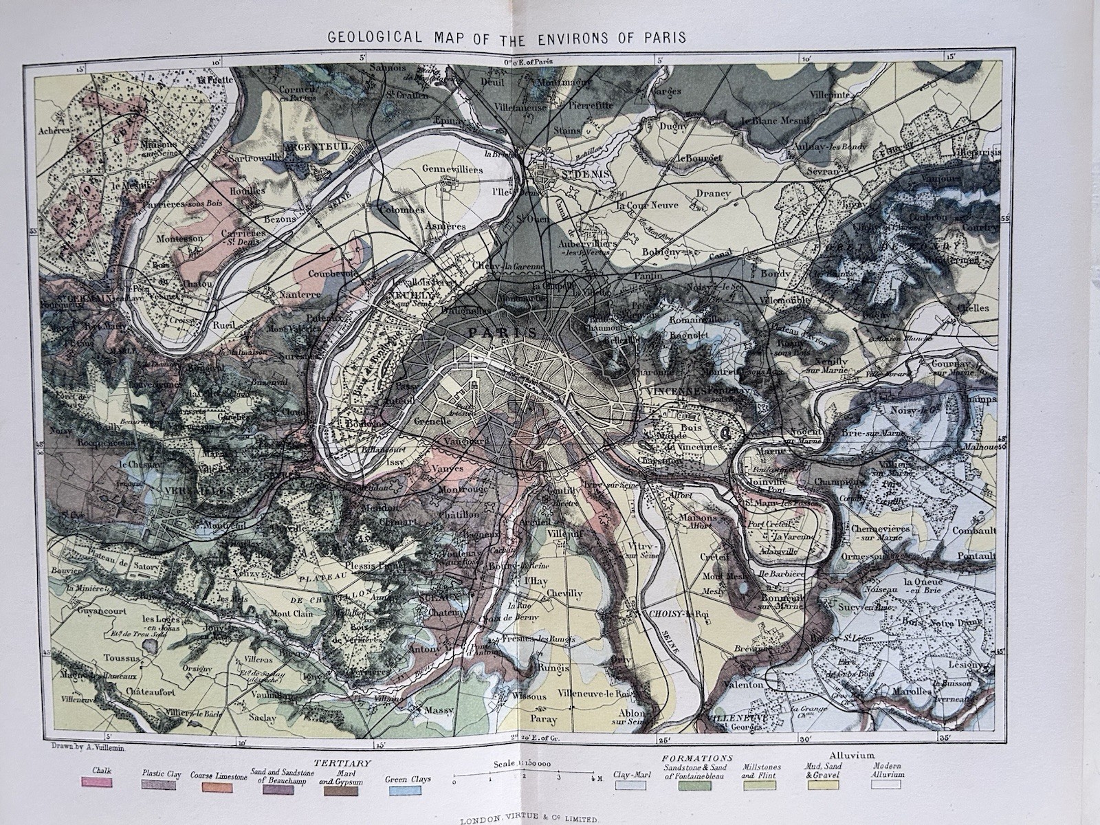 1877 Geological Map Of Paris France, Original Antique Map By A. Vuillemin