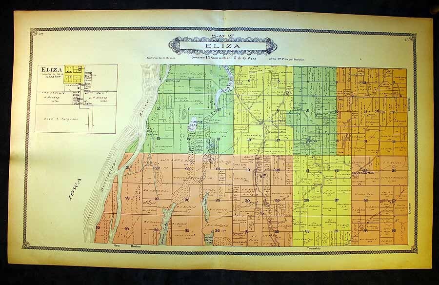 1904 Eliza Township Plat Map Mercer County Illinois Mississippi River