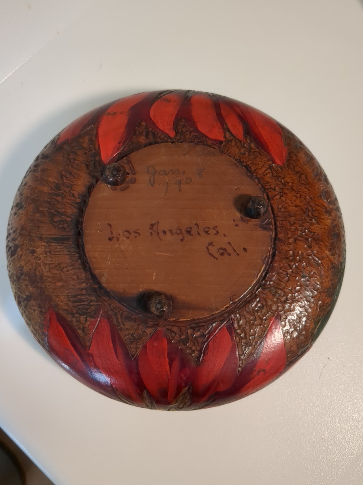 Antique Early 1900’s Pyrography Flemish Folk Art Wood Poinsetta Bowl Los Angeles