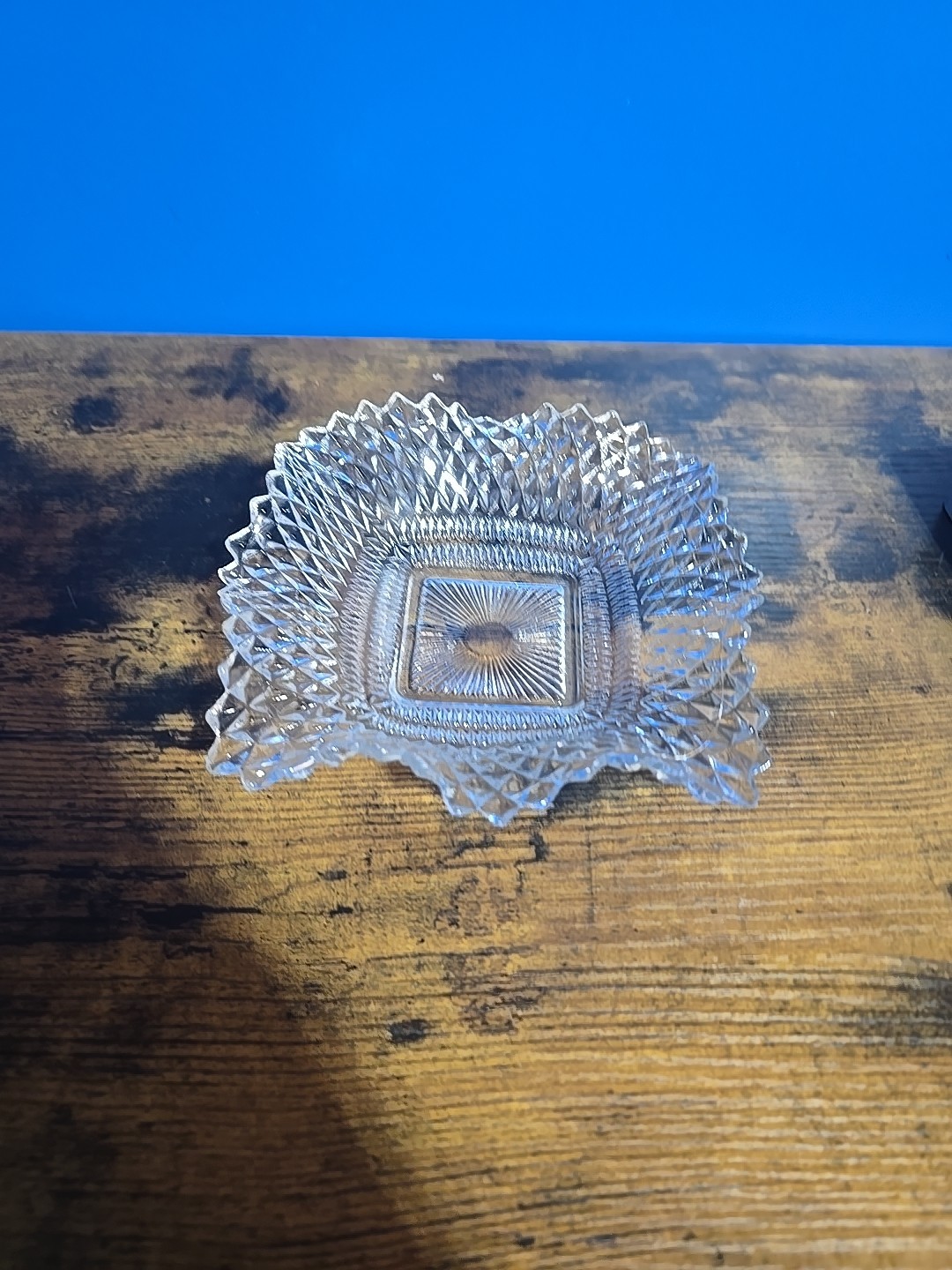 Vintage Indiana Glass Co. MCM Clear P/Square/Ruffled/Diamond Point/Candy Dish