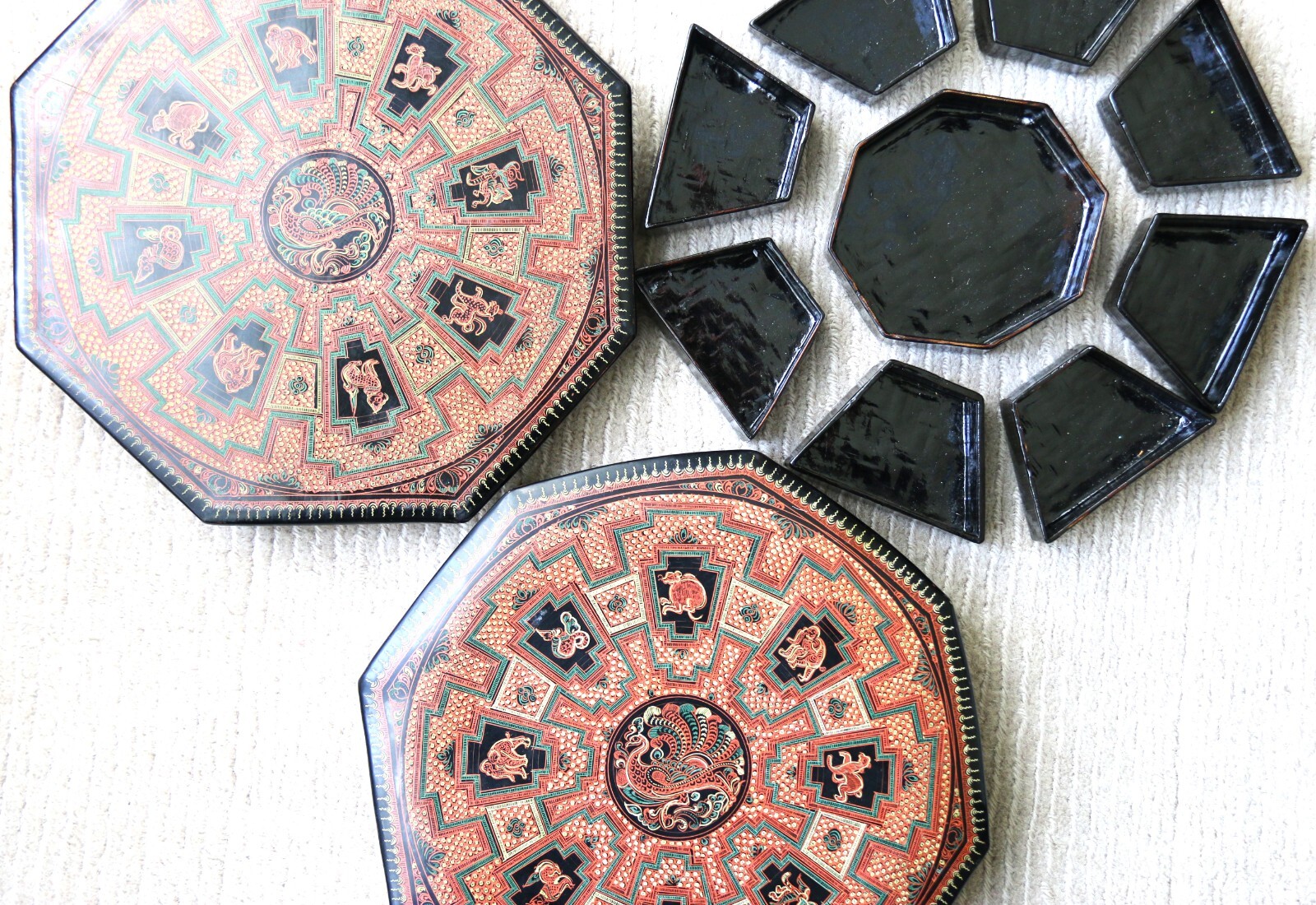 Exquisite Old Burmese Octagon Lacquer Betel Box 11pcs 25cm x 5cm or 10in x 2in