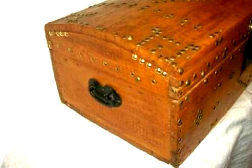 ANTIQUE FRENCH PINE DOME TOP TRUNK PRIMITIVE BRASS TACKS INITIALS WALLPAPER IRON