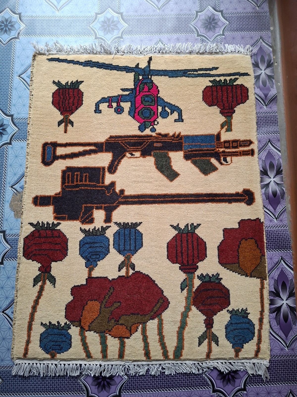 S104 War Rug Handmade Knotted Afghan Tribal Vintage Pictorial 9/11 Rug 81×61 Cm
