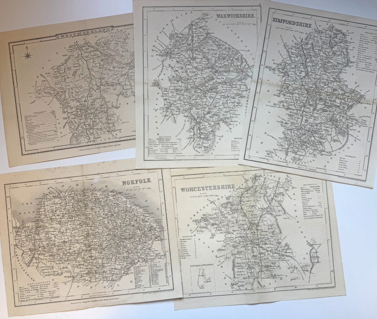 1860 Joshua Archer maps Norfolk Stafford Warwick Westmorland 7×9 inch [33406]