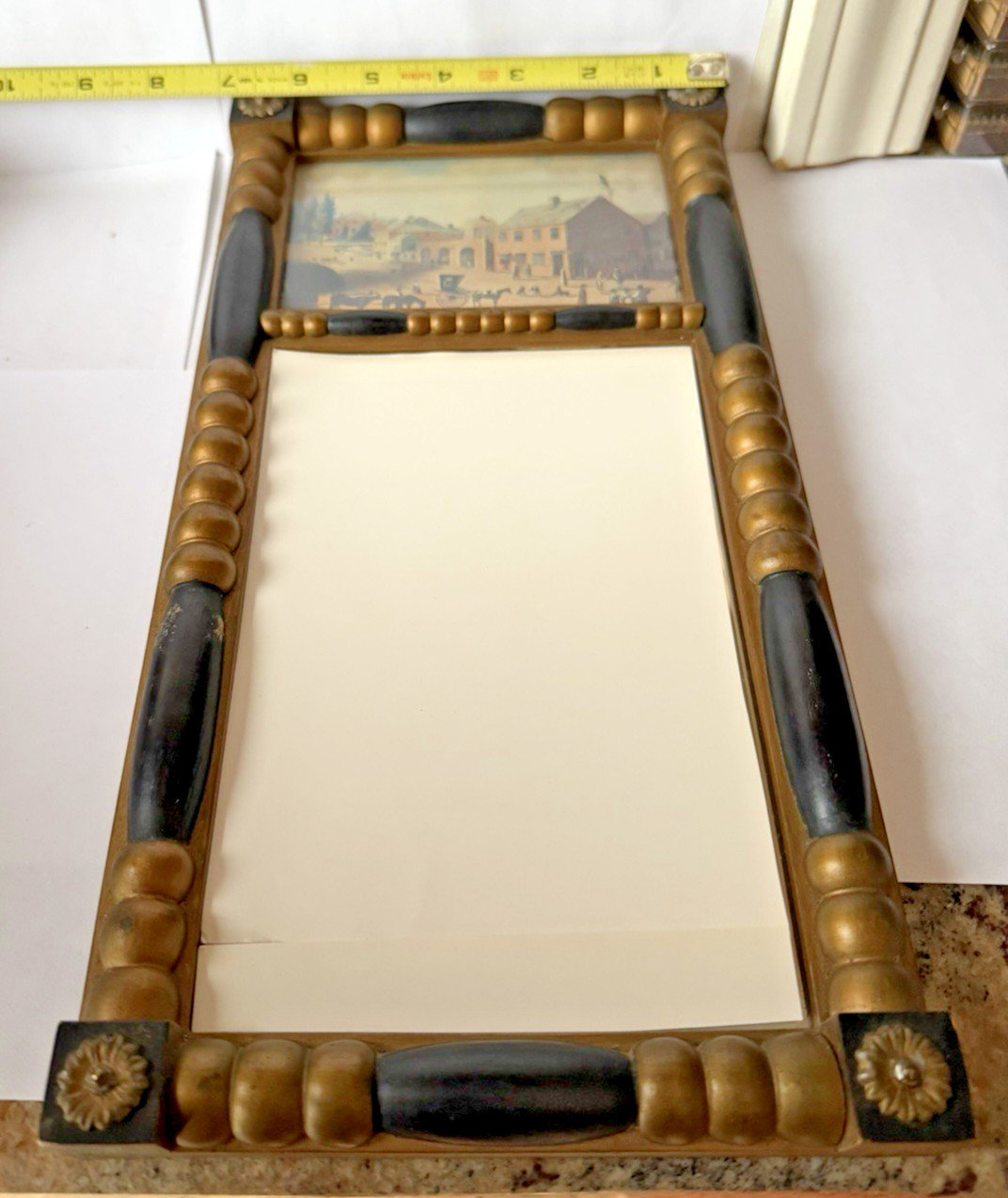 Antique Mirror Gilt Wood Ebonized Painted Scene New Bedford Mass 7″ x 14