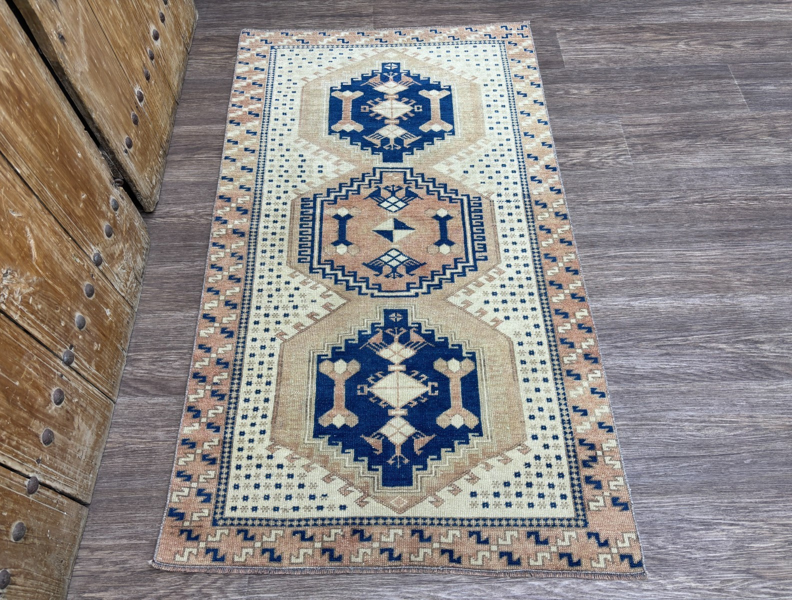 3×5 Hand-Knotted Wool Vintage Turkish Oushak Rug, Navy Blue Beige Small Area Rug