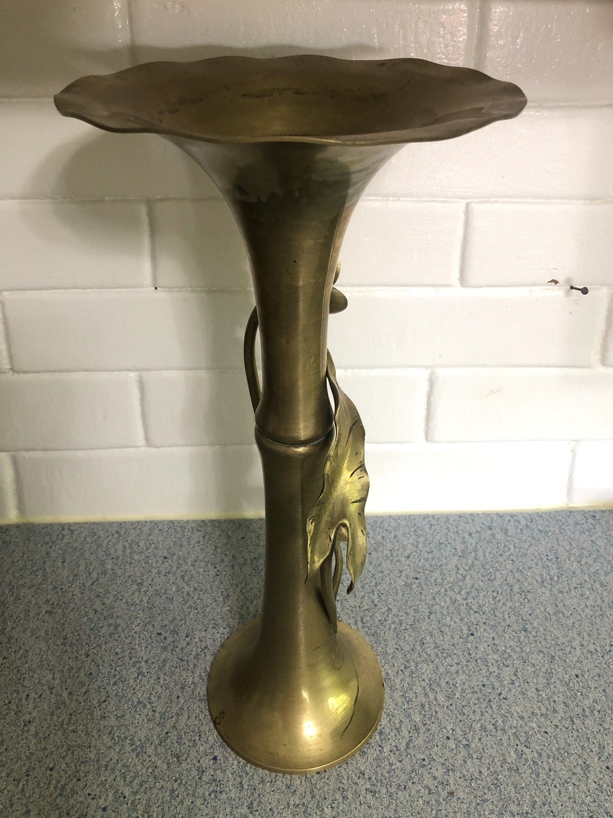 14″ Antique Floral Brass Vase Styled In Japanese Meiji Period/Art Nouveau Period