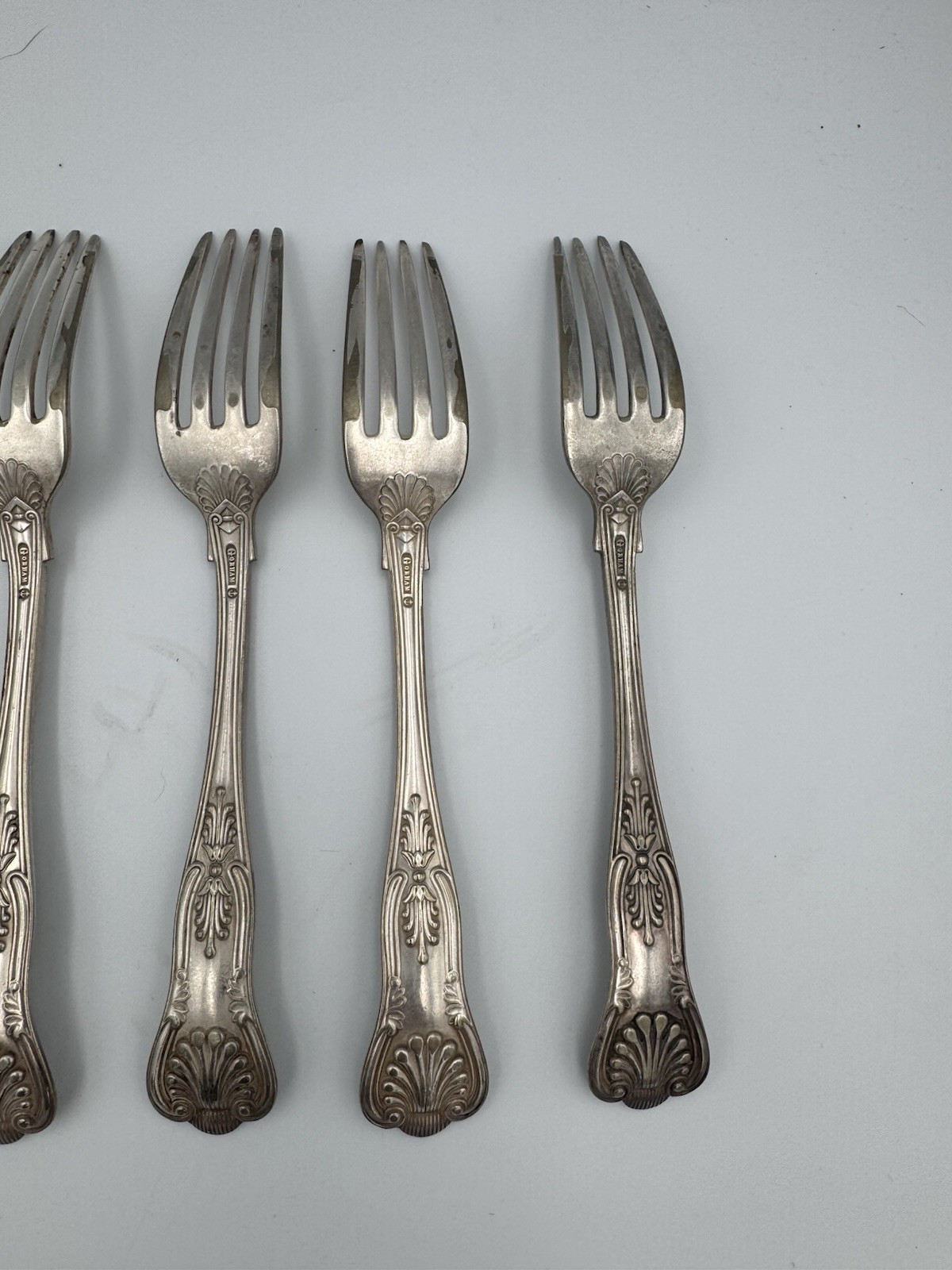 10 pc set Gorham Kings II Pattern Silverplate Flatware salad forks 7″ Used Worn