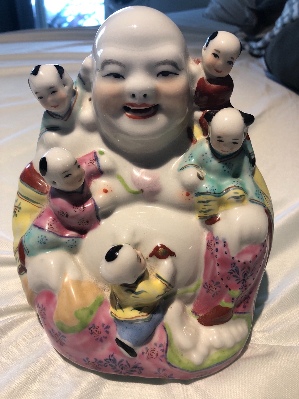 Late1800’s early 1900’s antique stamped porcelain laughing buddah with children