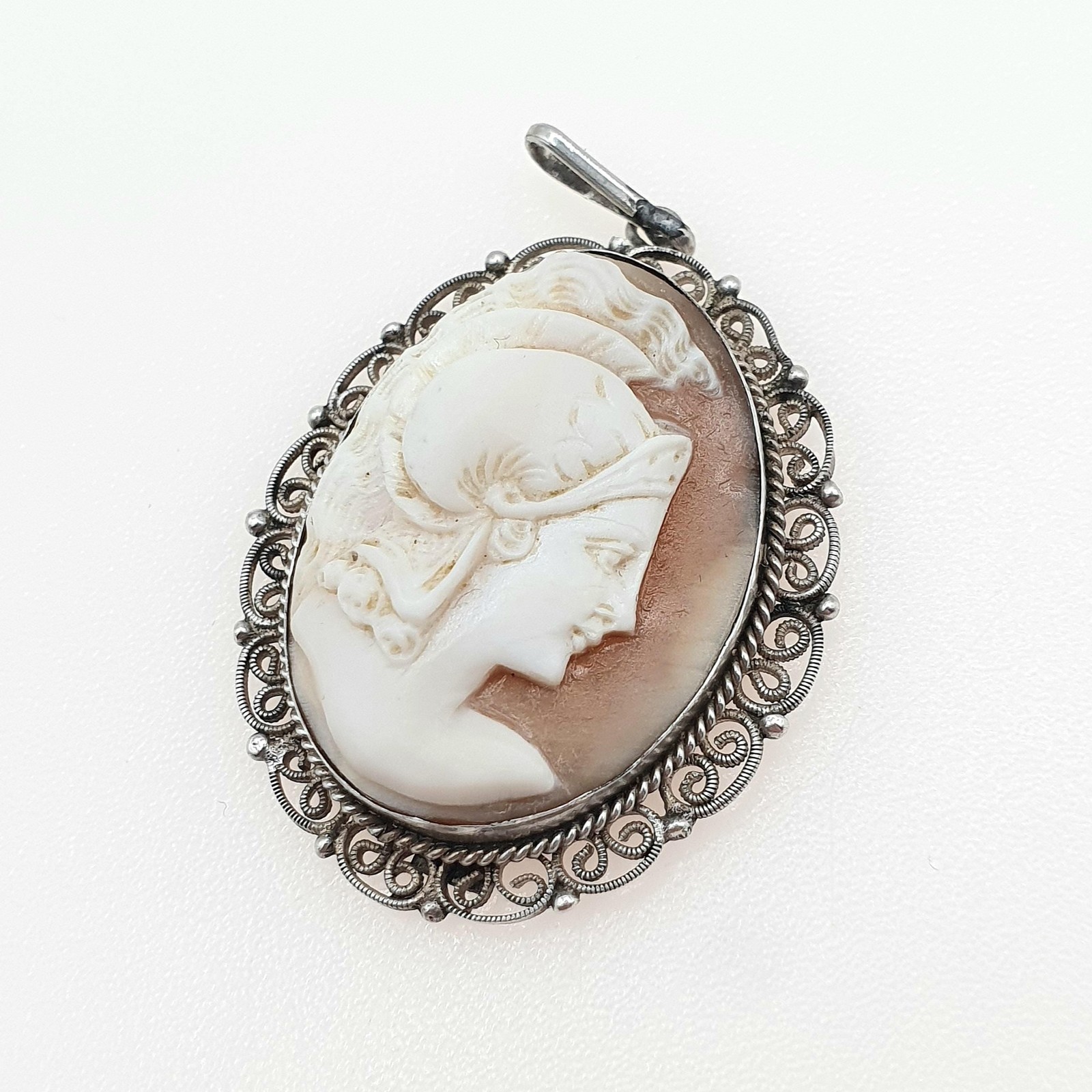 Antique Solid Silver Centurion Cameo Pendant Necklace Roman Soldier Filigree