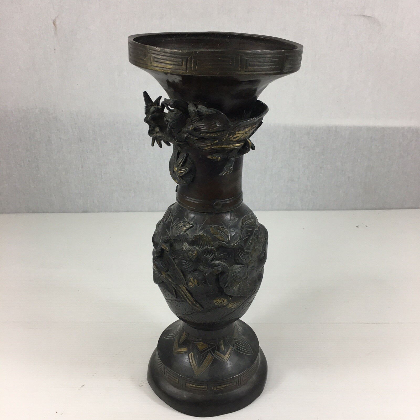 Japanese 2 Piece Bronze Vase Applied Dragon & Bird Design 30.5cm In Height