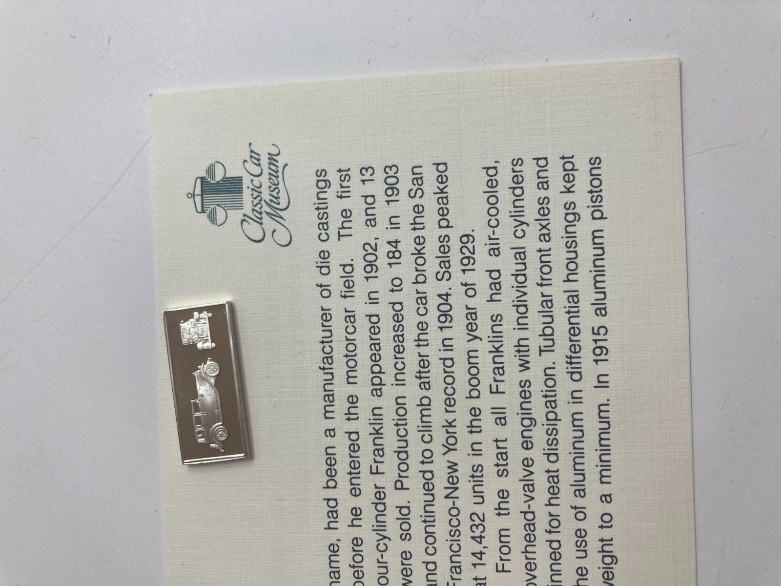 1981 Franklin Mint Classic Car Collection Silver Ingot Franklin Sedan