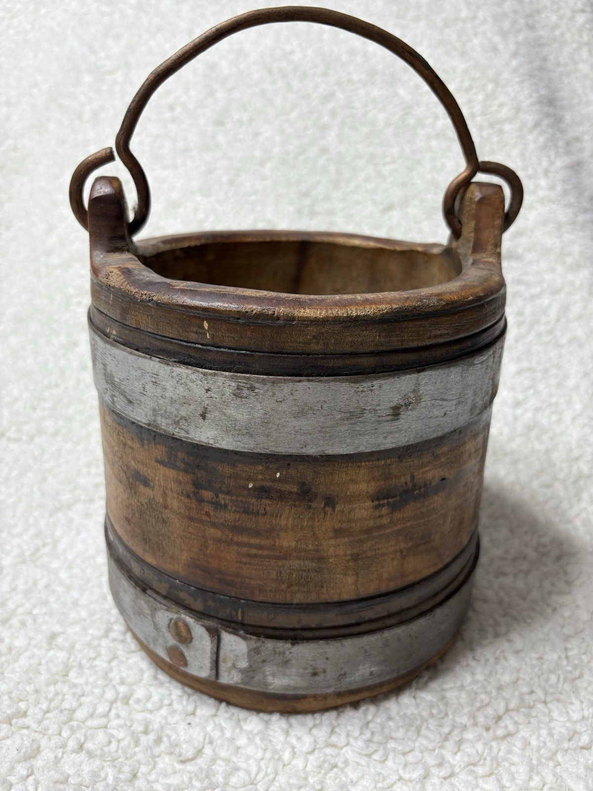 VTG Wooden Bucket/Pail W/ Copper Handle 6 1/4 Tall Primitive Decor
