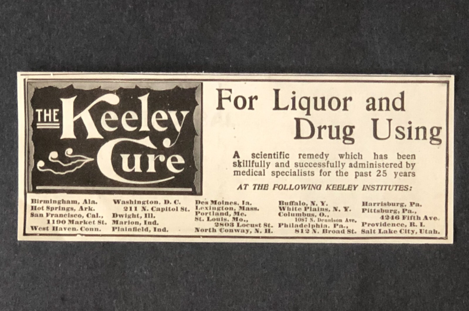 1906 Keeley Cure Quack Medicine Advertisement Liquor Drug Use Antique Print AD
