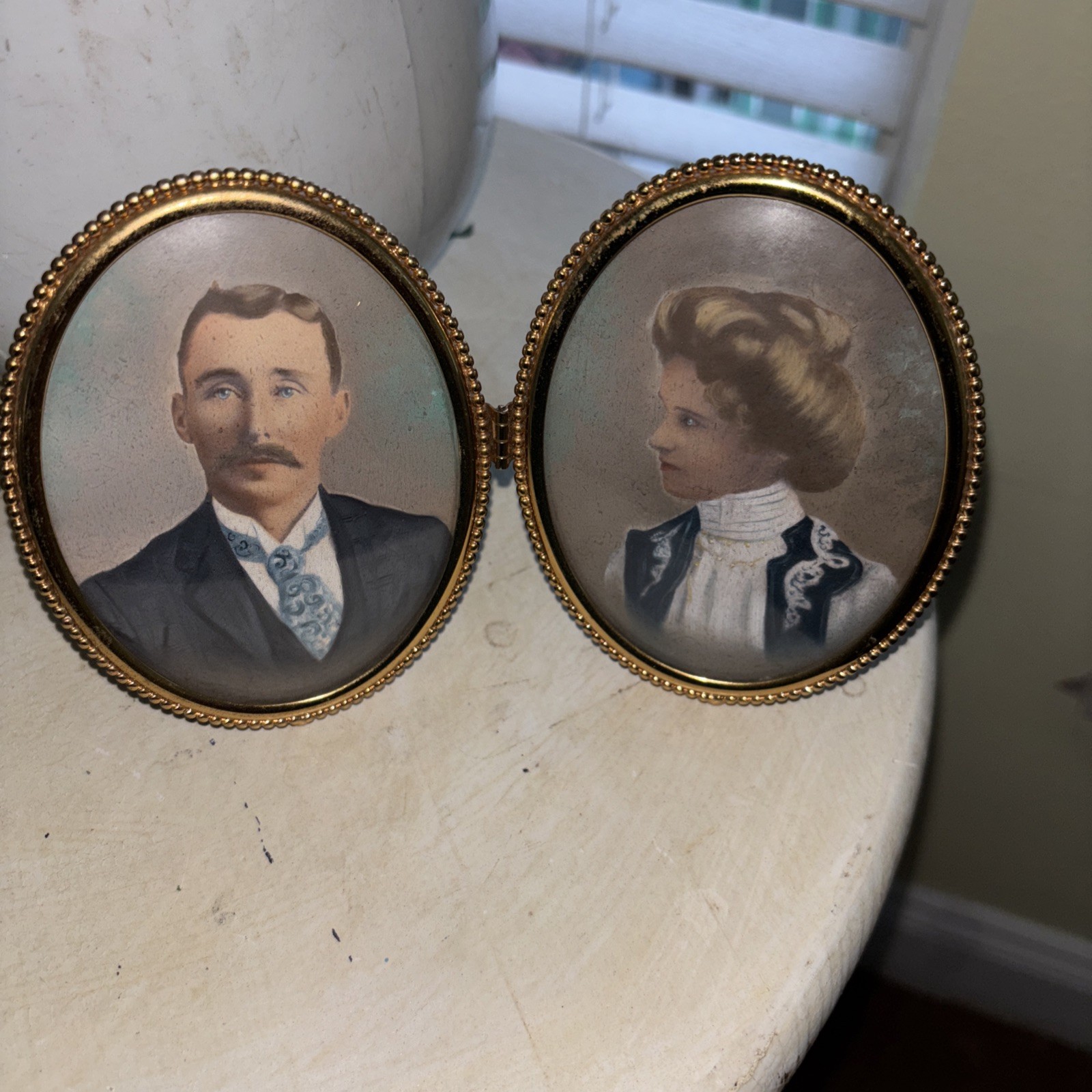 Antique Brass Hinged Double Hand painted Miniature Of Man & Woman 1890-1910