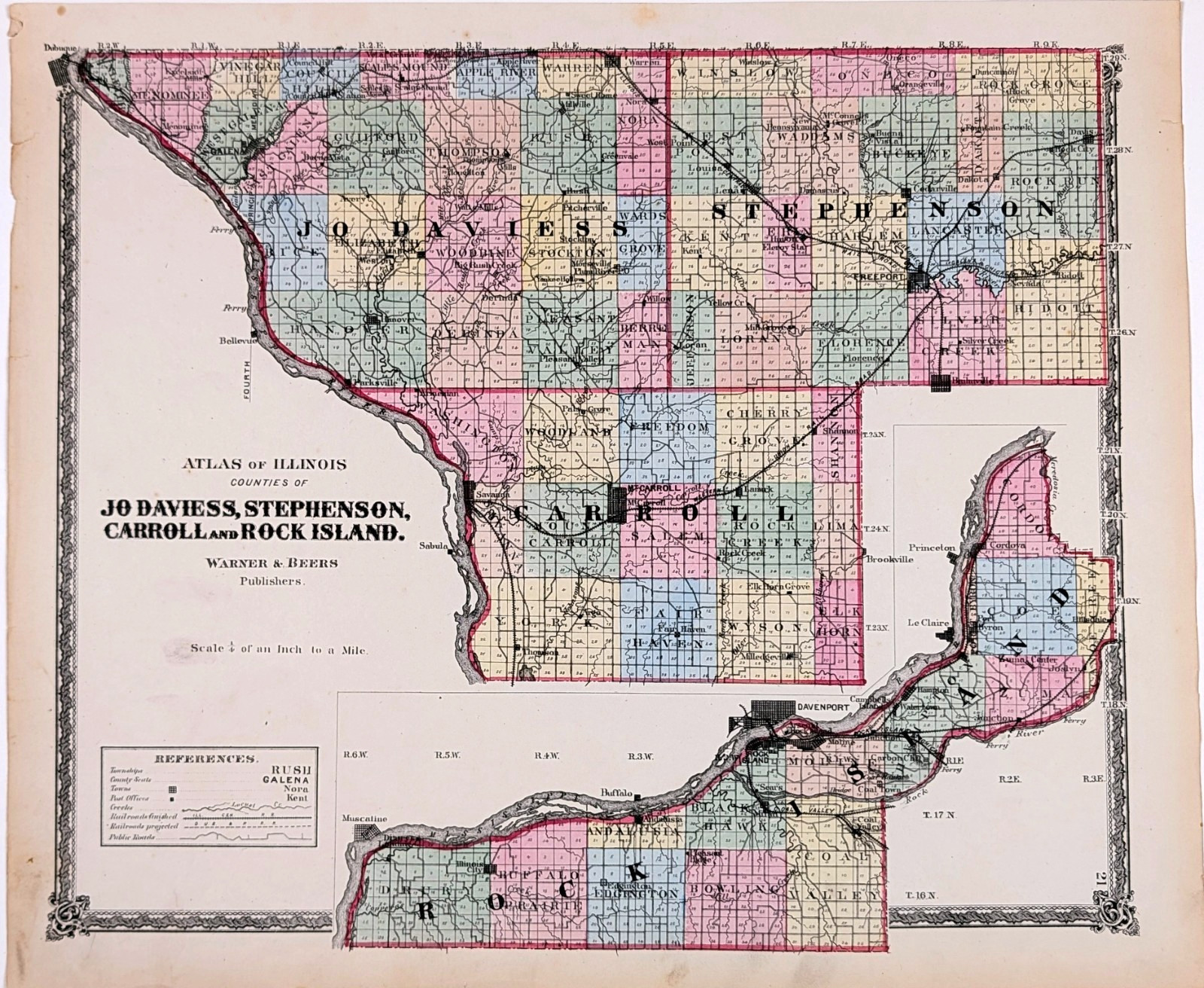 1875 ILLINOIS County Map JO DAVIESS – ROCK ISLAND – STEPHENSON – CARROLL 16×13.5