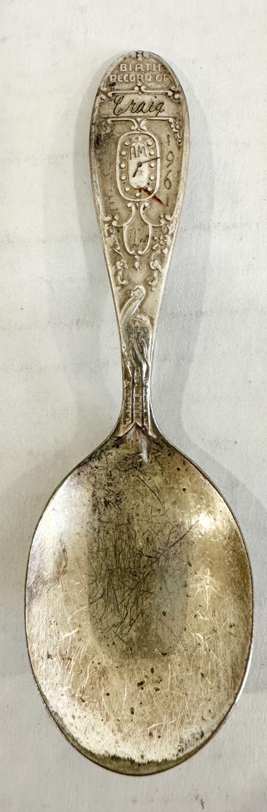 Vintage Wm Rogers Birth Record of Craig 1961 Silver Plated Baby Spoon FREE Ship!