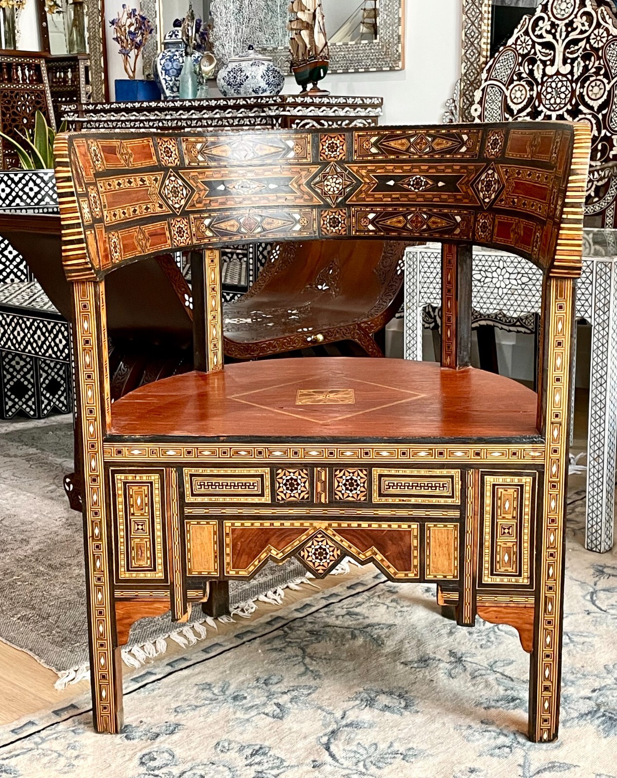 Antique middle eastern Moroccan style marquetry round back chair