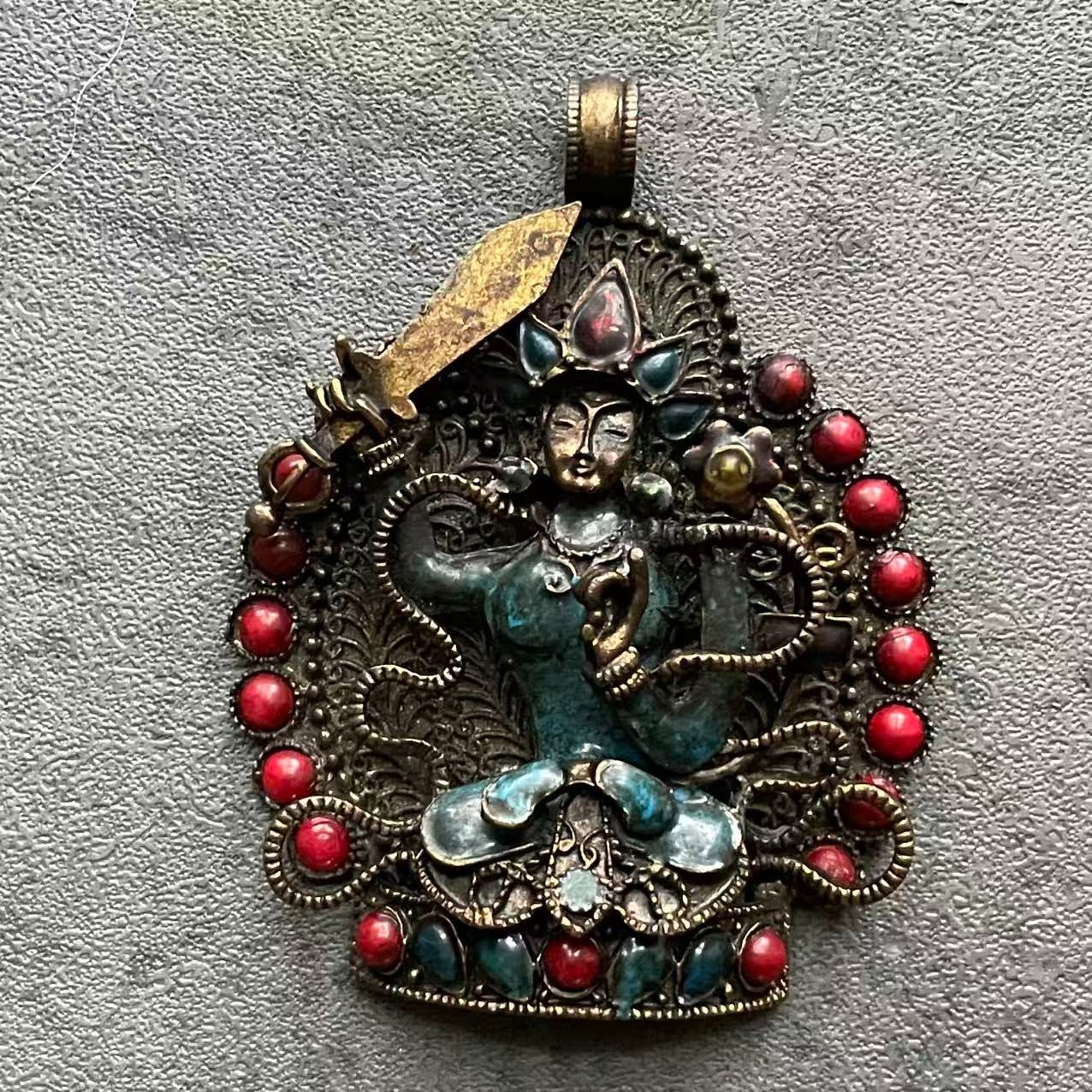 VTG Tibetan Bronze Manjushri Pendant Copper Enamel Filigree w/ Sanskrit Script