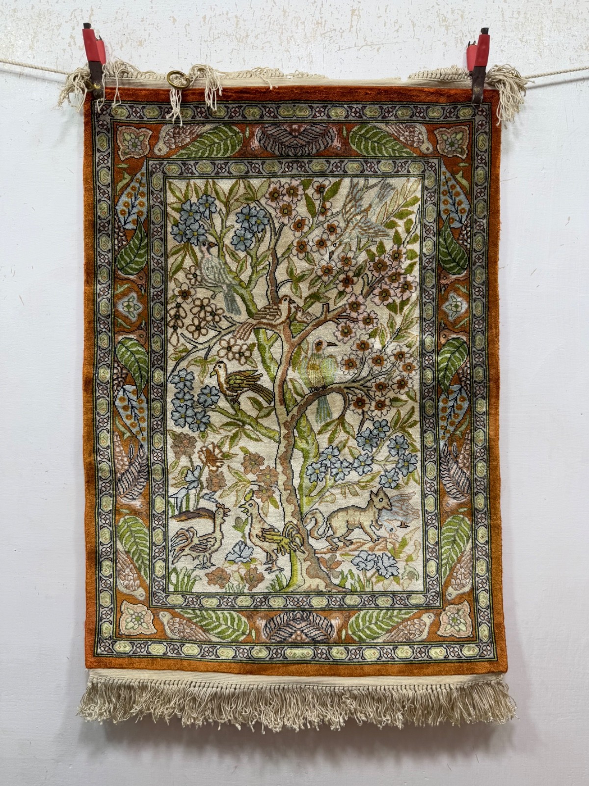 Vintage Beautiful Hand Knotted Oriental Full Silk Pictorial Figurative Rug