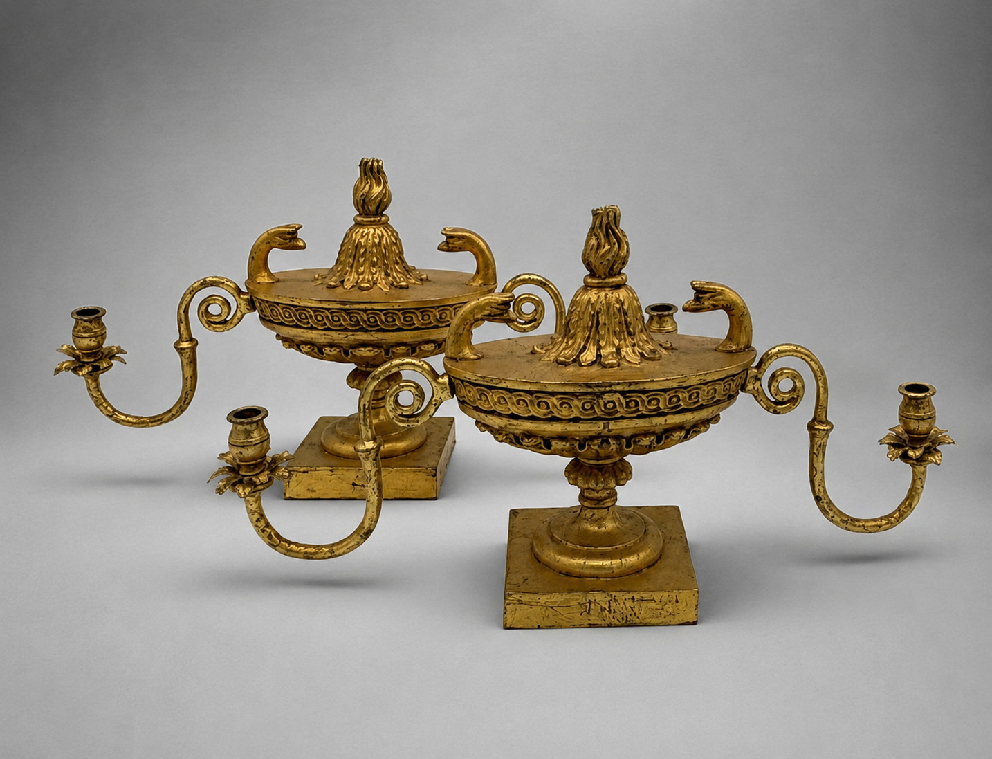 Pair French Empire Style Gilt Iron & Composition Swan Form Candelabra