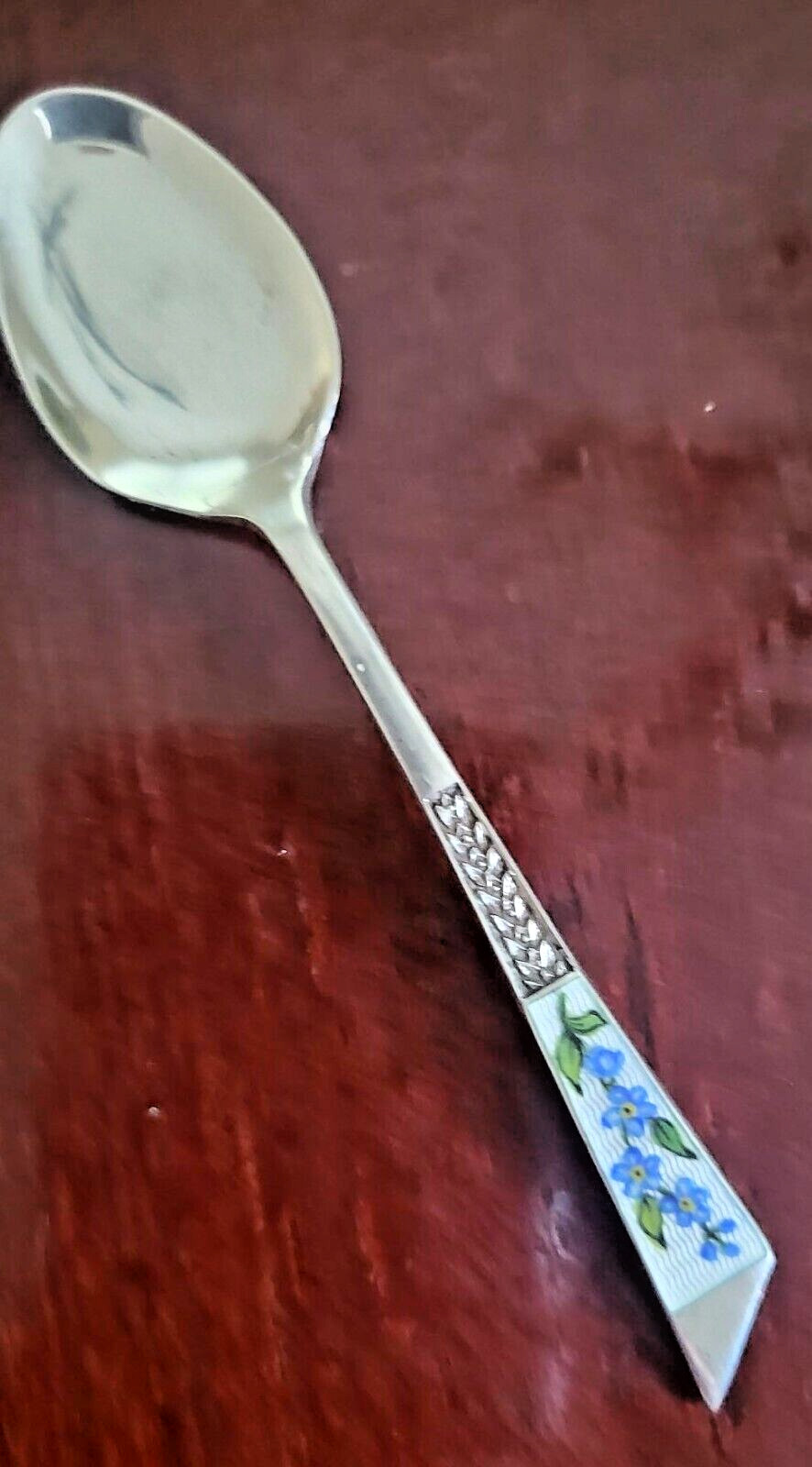 BEAUTIFUL Sterling Silver Guilloche Enamel Blue Floral Spoon England Birmingham