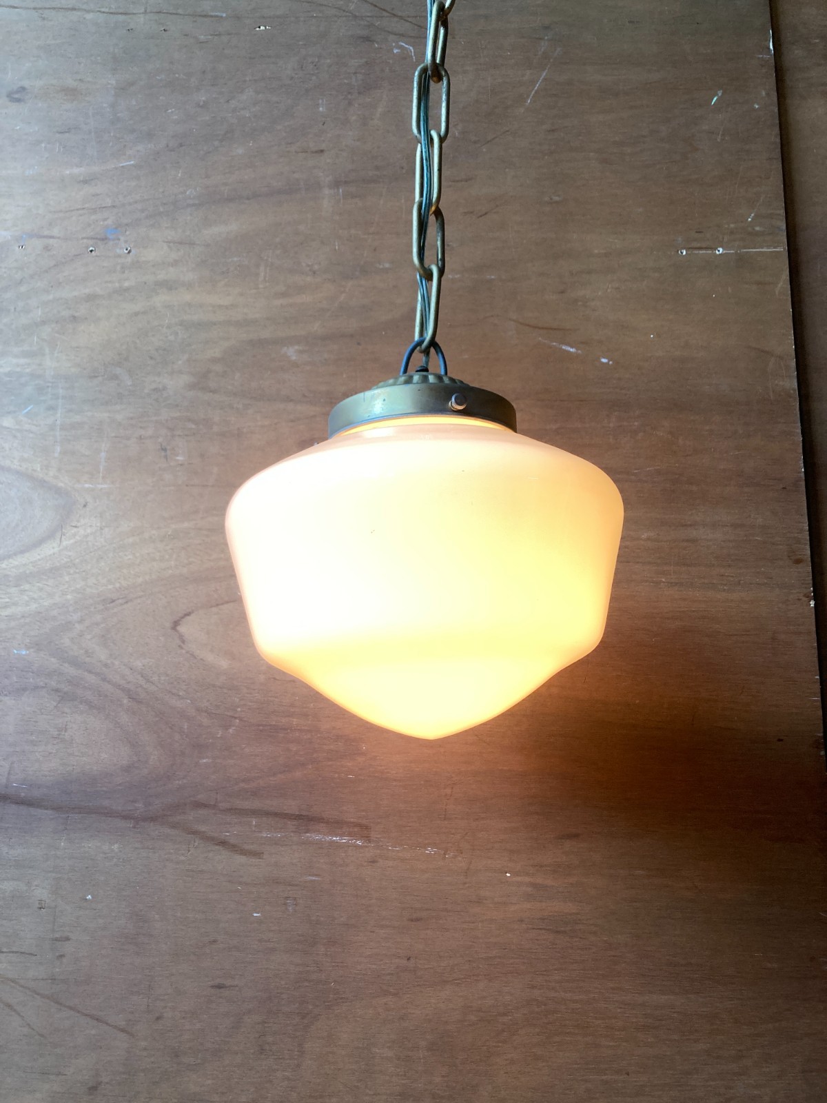 Antique 8″ Schoolhouse Bank Ceiling Light Milk Glass Globe VTG Metal 320-25E