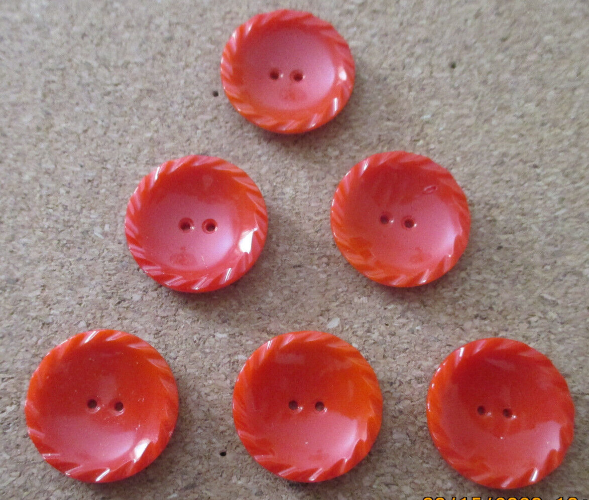 6 – Czech Glass Art Deco with Fancy Border on Red Sew Thru Buttons #29 – 21.84mm
