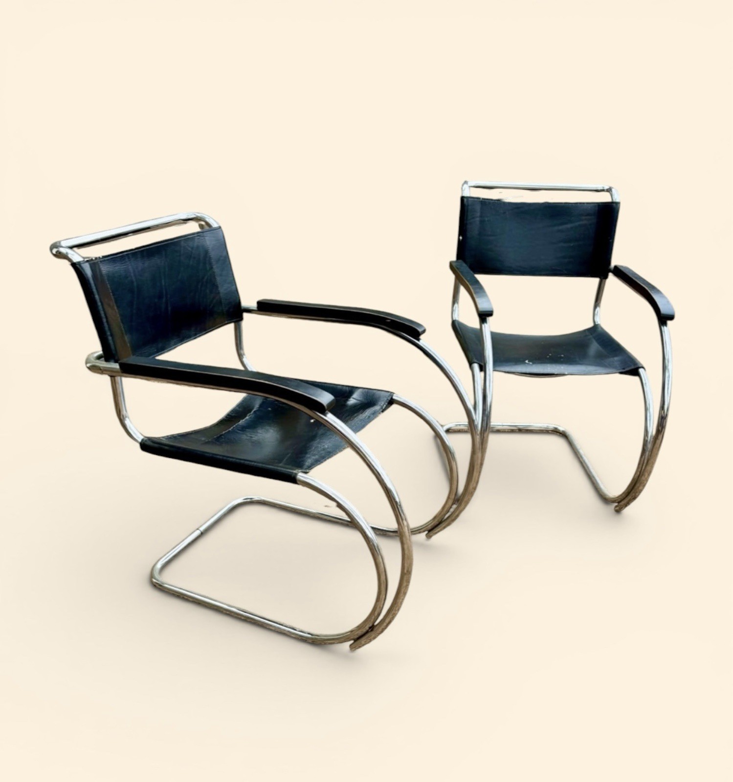 1970s MIES VAN DER ROHE TUBULAR CHROME BLACK LEATHER MR ARMCHAIRS MCM