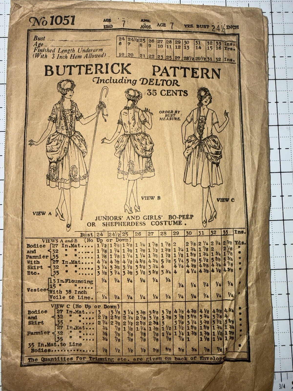 Antique Little Bo Peep Costume Sewing Pattern/size 24.5” Bust