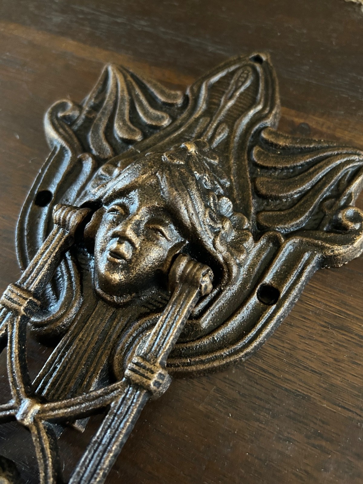 Art Nouveau Cast Iron Door Knocker – Vintage Female Mask & Cherub on Swing