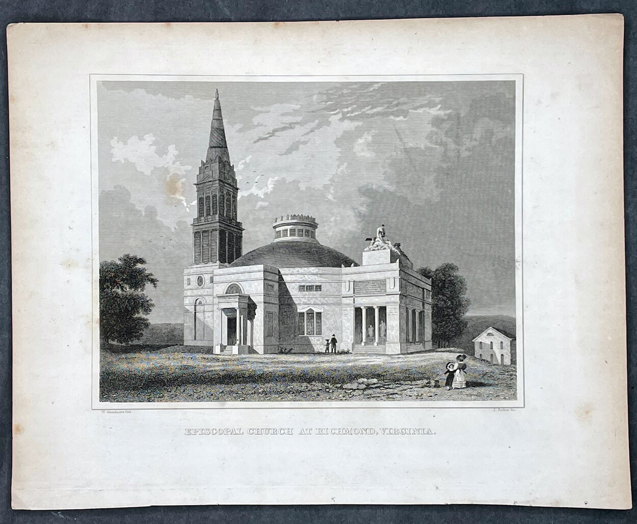 1832 J Hinton Antique Print Monumental Church Broad St Richmond Virginia (35361)