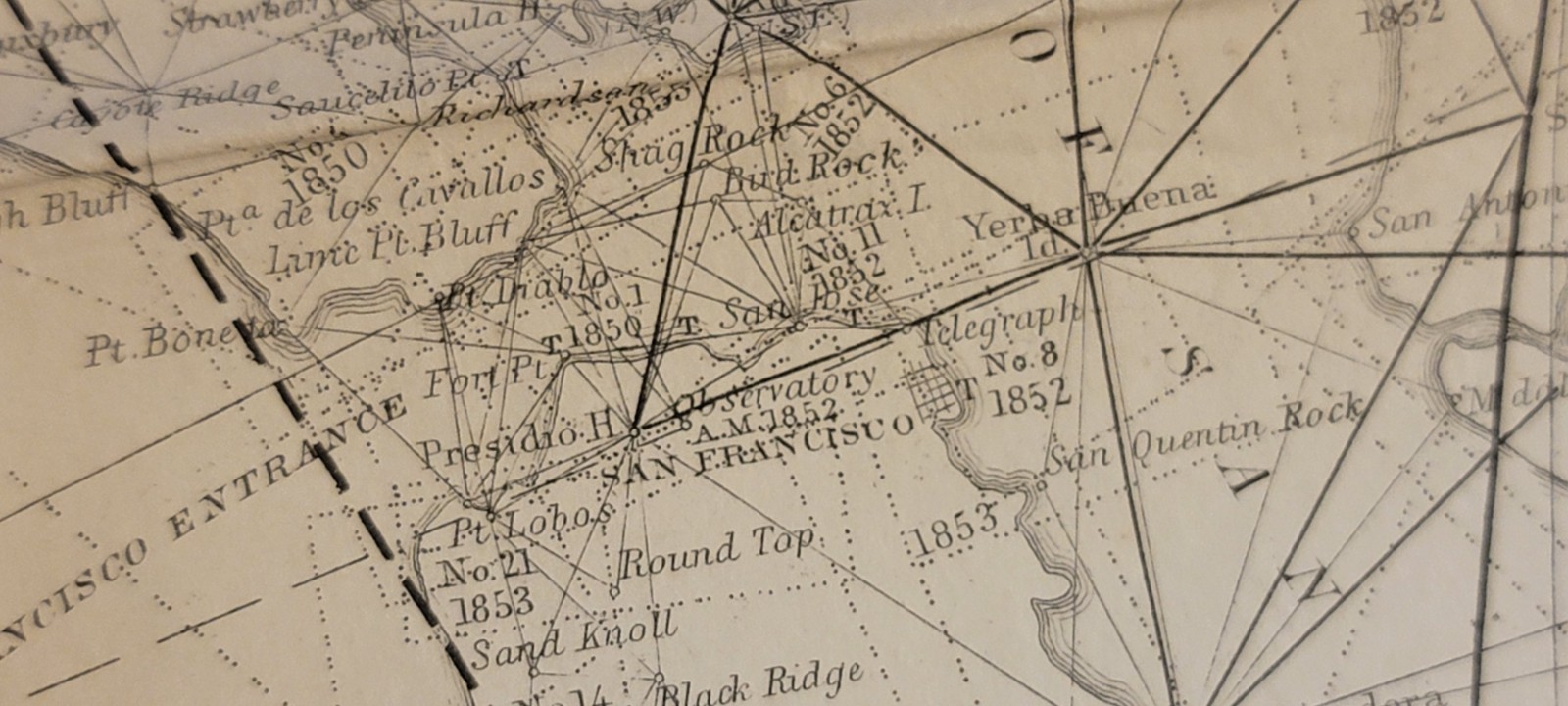 1855 Sketch J No. 2 Coast Survey triangulation chart Pacific West CA Coast Bache