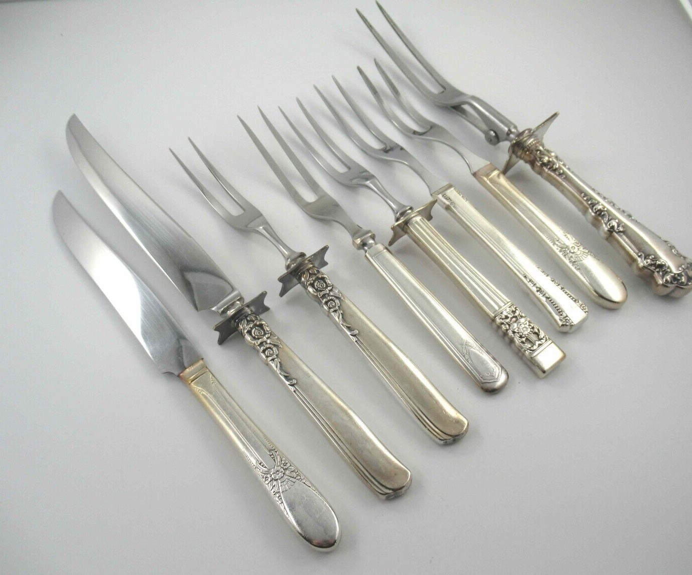 6 Carving Forks + 2 Carving Knives Various Makers Silverplate Flatware