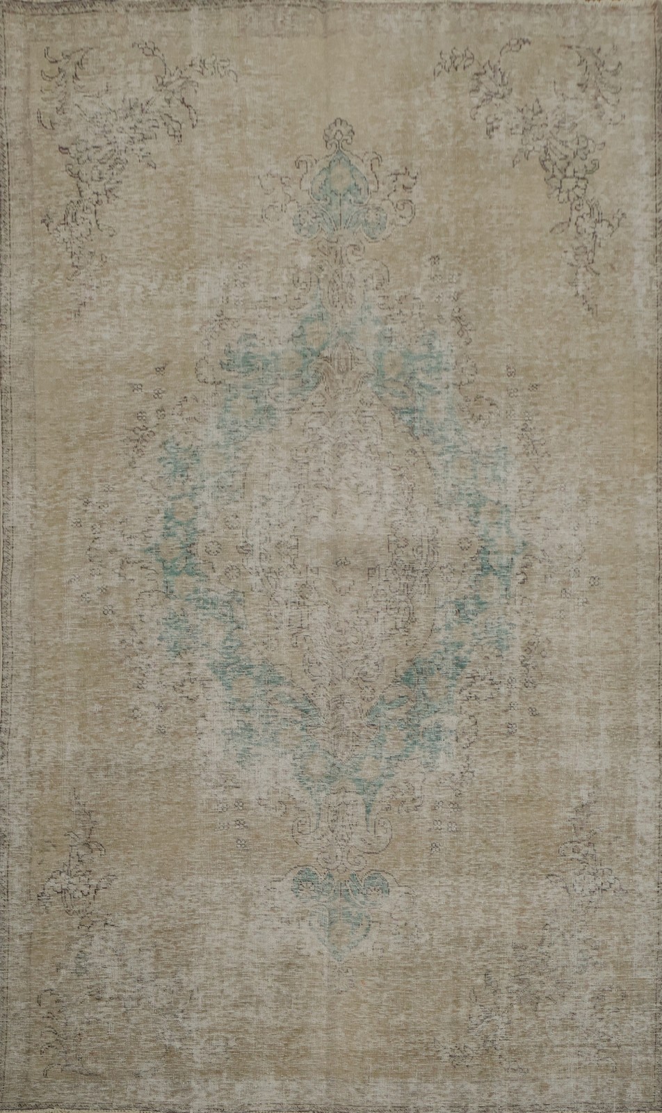 Vintage Handmade Area Rug Rustic Charm Beige and Aqua Green Distressed Rug 6×10