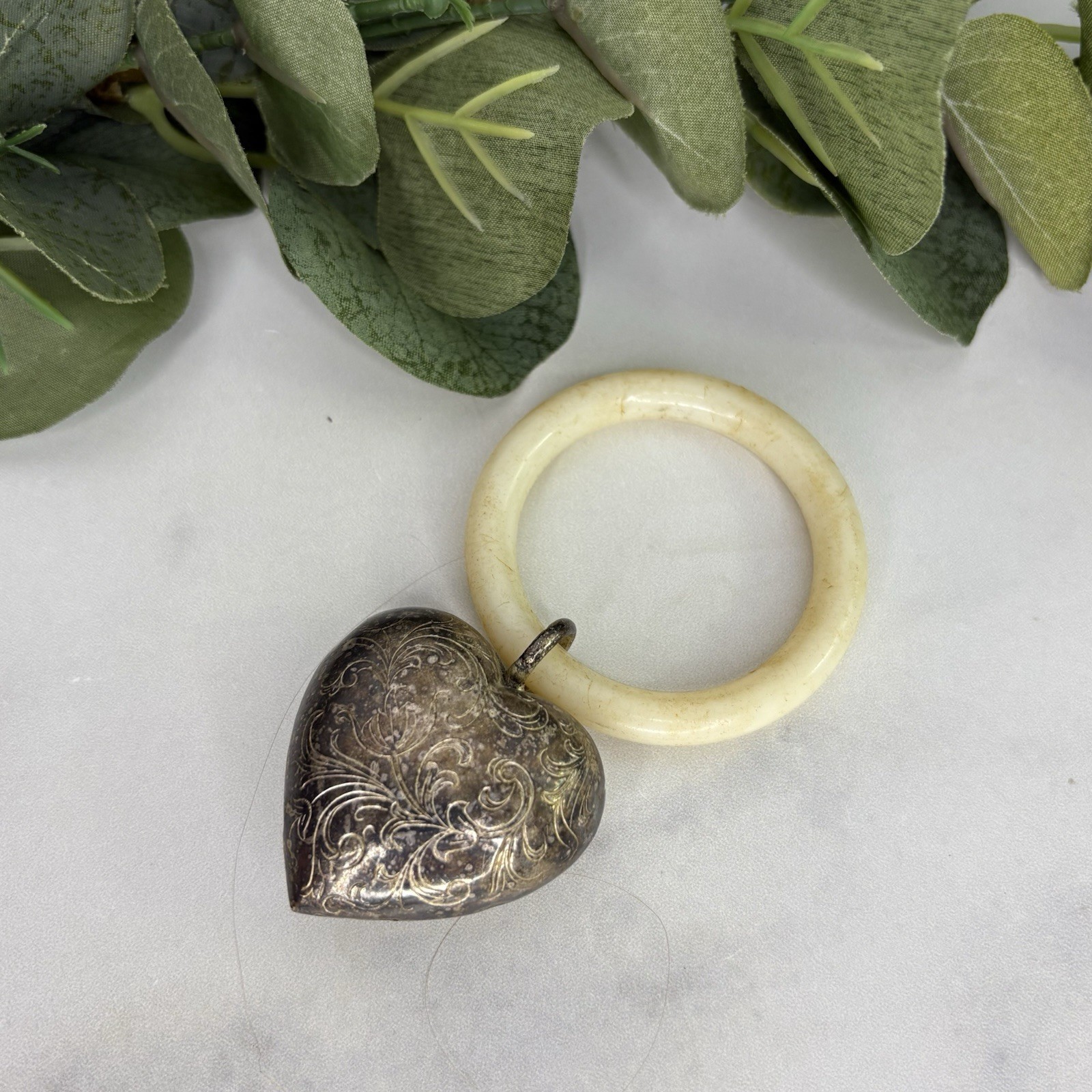 Antique Victorian Sterling Silver Heart Baby Rattle Teething Ring