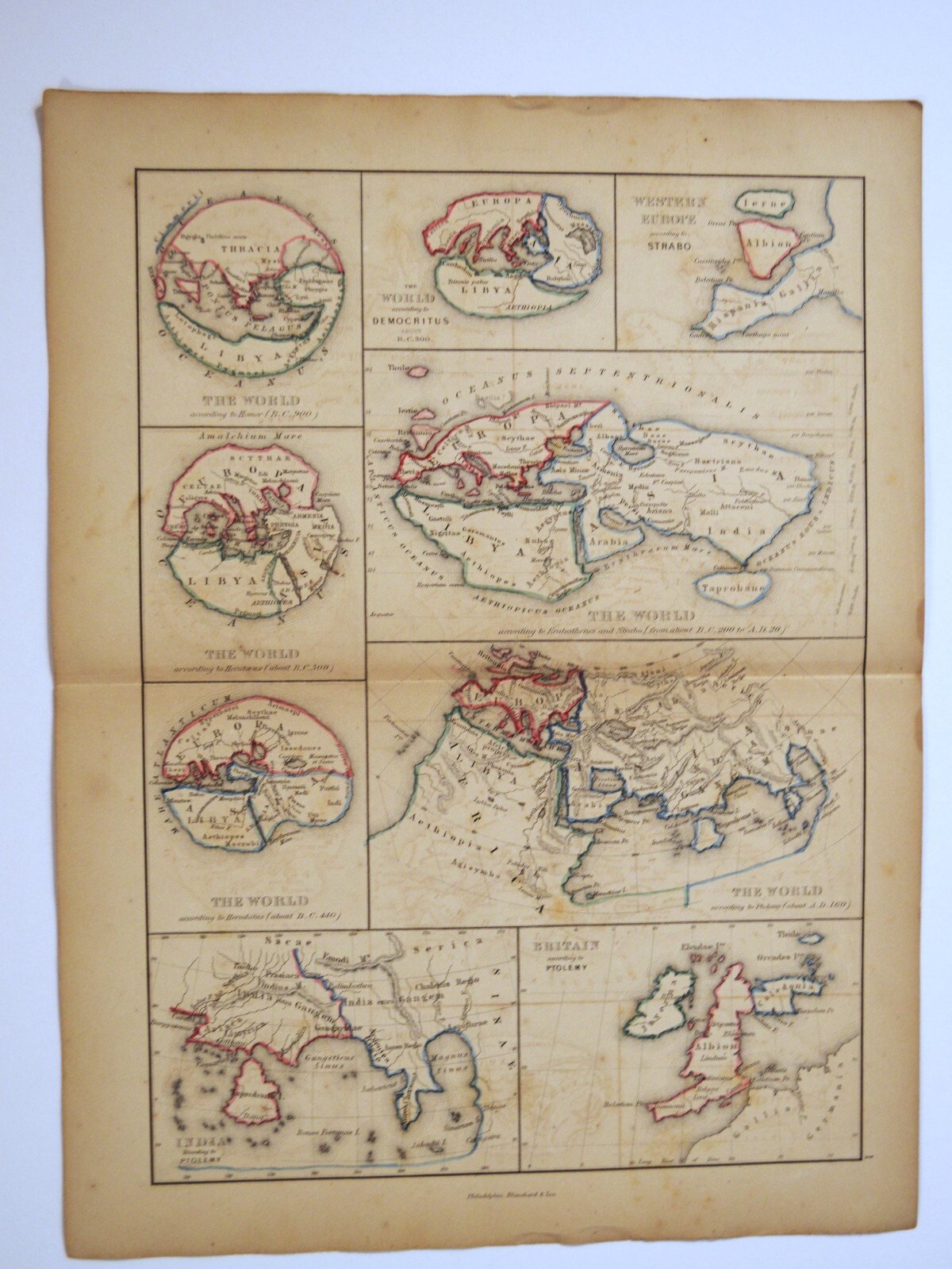 Antique Map Plate The World According to the Ancients, Blanchard & Lea