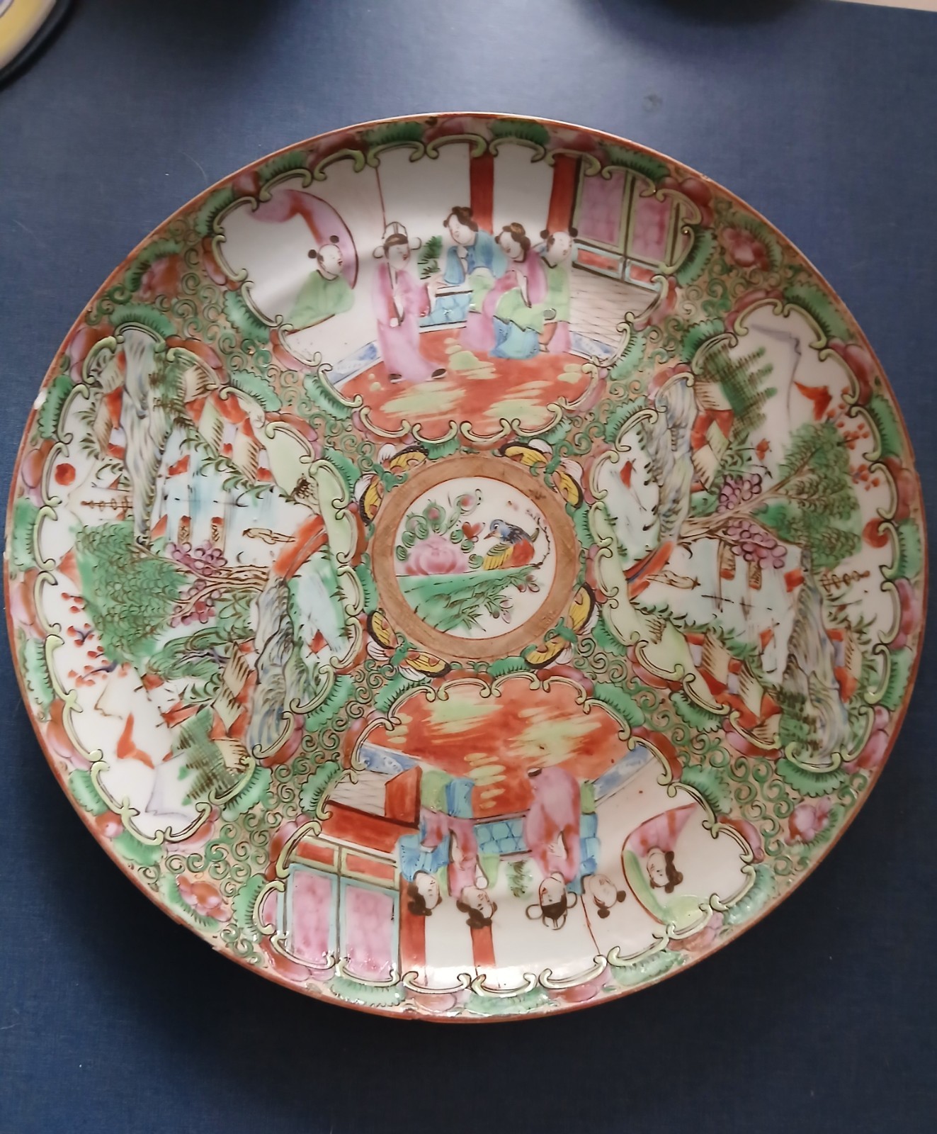 Antique famille rose Canton medallion plate 9.25″ people and river scene As Is
